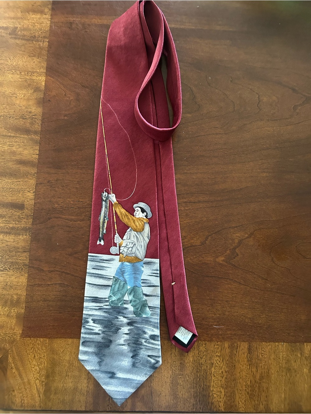 Burgundy Mens Tie with Fisherman Print